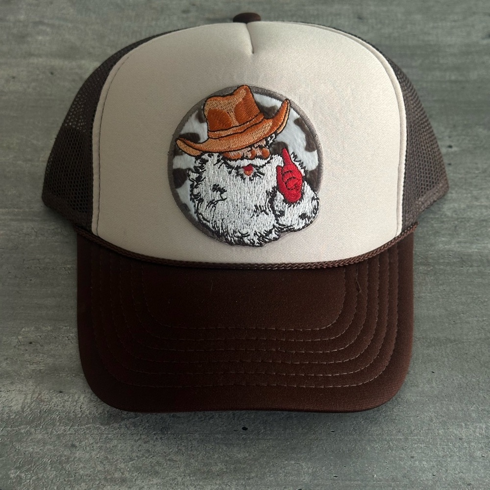 Brown and Cream trucker Hat with cowboy Santa christmas patch